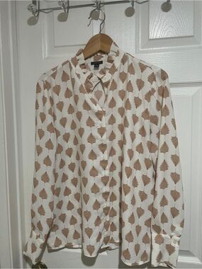 Ann Taylor White Blouse with golden brown Leaf Print